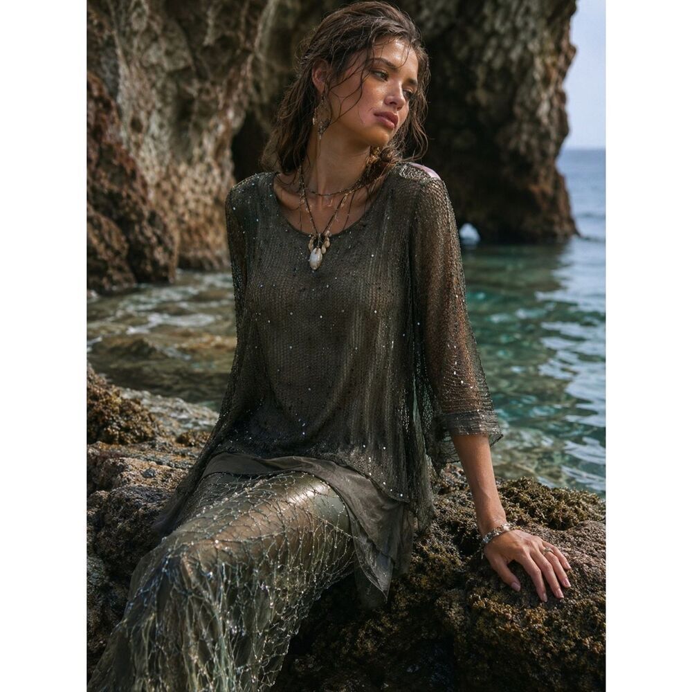 Hannah Army Green Tie Dye Shimmer Net Layer 3/4 Sleeve Tunic L Mermaid Lagonlook